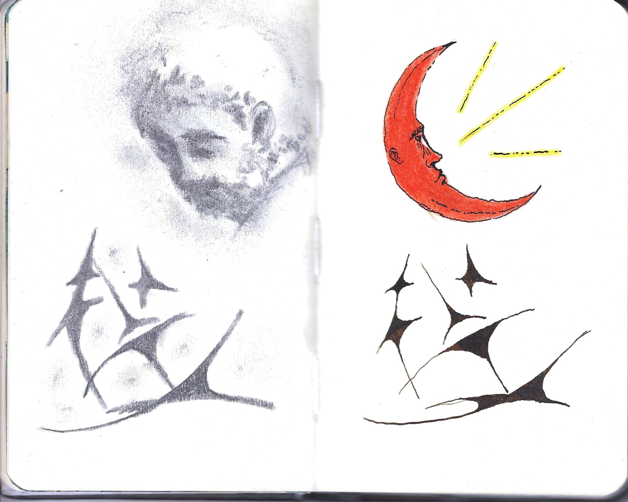 a charcoal drawing of a man with an orange crescent moon next to him