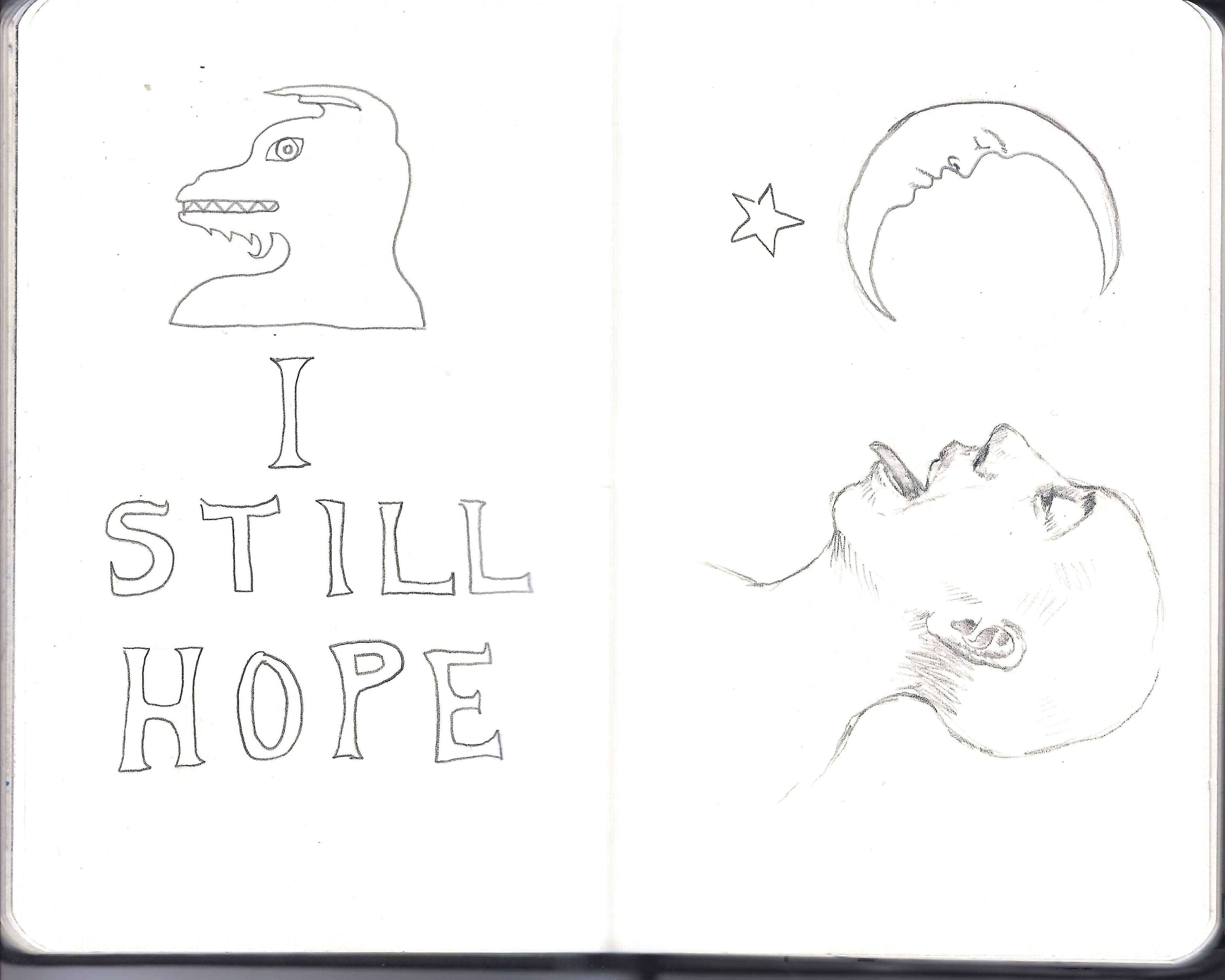 A drawing of a creature, a man sticking his tongue out, and a crescent moon